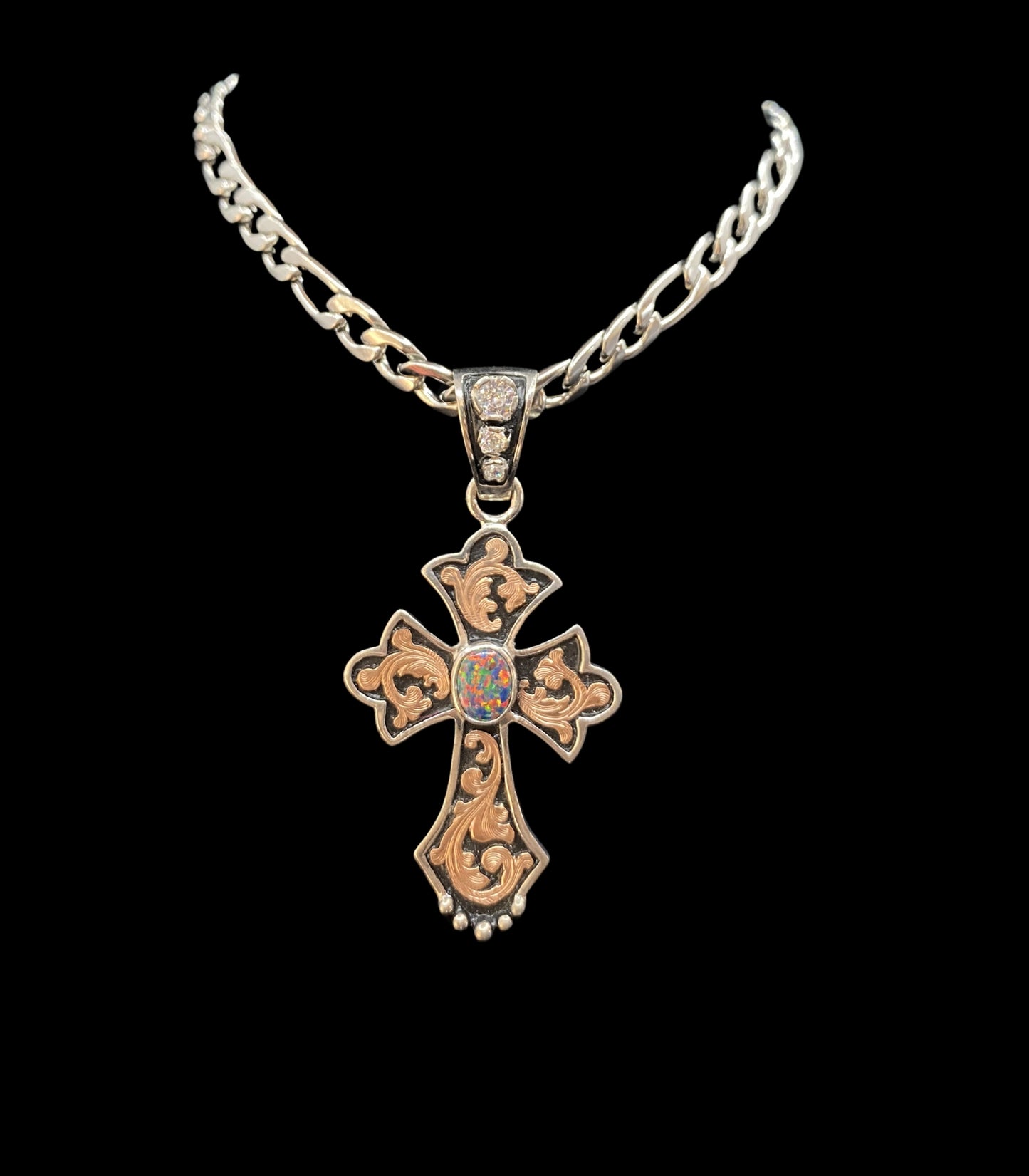 Cross Pendant With Black Opal Stone