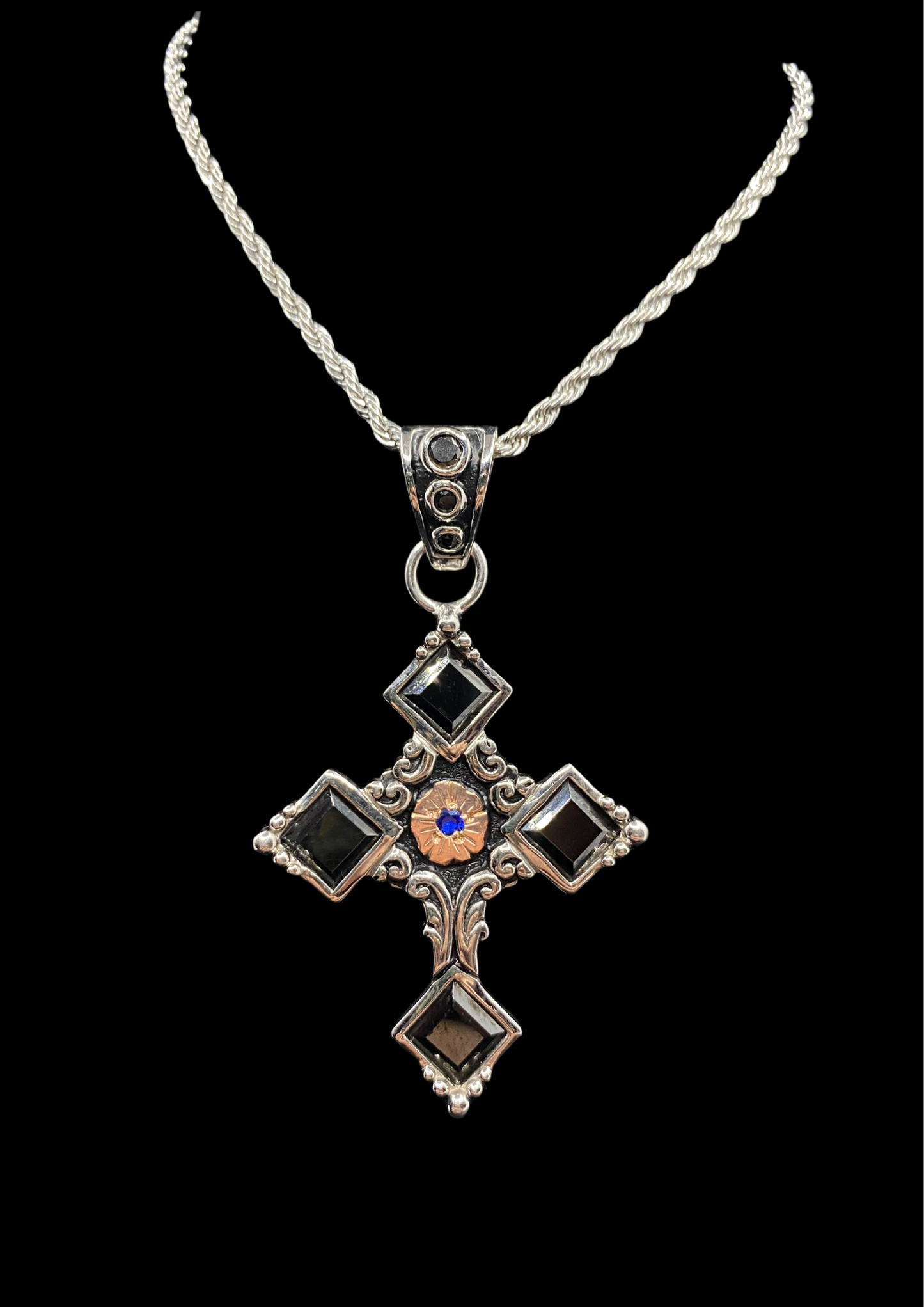 Cross Pendant with Black and Blue Stones