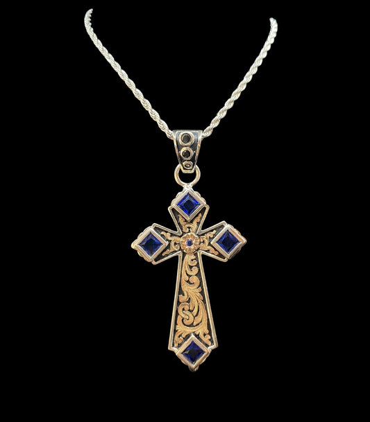 Cross Pendant With Blue Stones